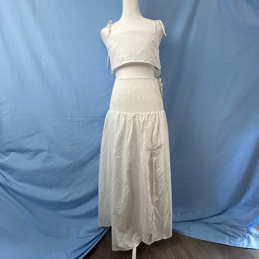 Commense Shirred Waist Split Thigh Skirt Set Womens XS White Stretch Relaxed Fit